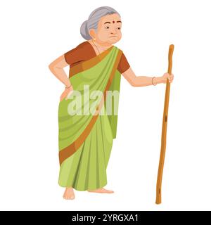 Indian old woman walking with stick Stock Vector