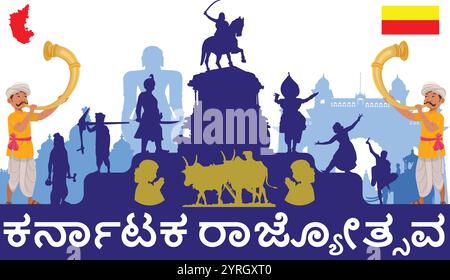 Karnataka Rajyotsava,  Karnataka state formation Day, text in the main content is Karnataka rajyotsava in kannada language Stock Vector