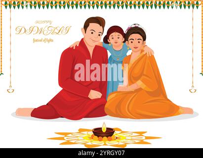 Indian family celebrating diwali festiwal, Indian festival of lights Happy Diwali with happy family, Diwali celebration greeting card, Stock Vector