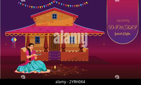 Happy Diwali Traditional Indian House Decorated with Diya Stock Vector