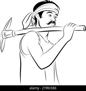 Farmer labour, Indian agriculture, happy farmer day, Hand drawn in thin line style Stock Vector