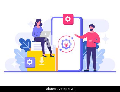 System maintenance flat vector illustration, Error, Fixing trouble, Device updating, Software system under maintenance, Software upgrade process on de Stock Vector