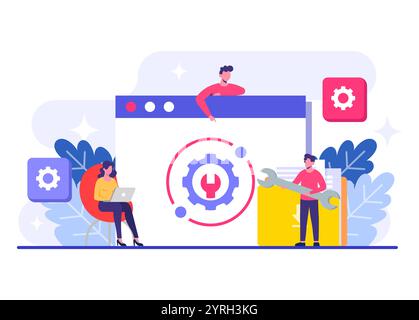 System maintenance flat vector illustration, Error, Fixing trouble, Device updating, Software system under maintenance, Software upgrade process on de Stock Vector