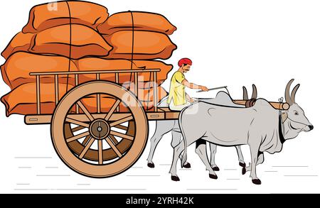 Indian Bullock Cart with crops, Indian Bullock Cart, farmer riding a bullock cart Indian village, Hand drawn in thin line style Stock Vector