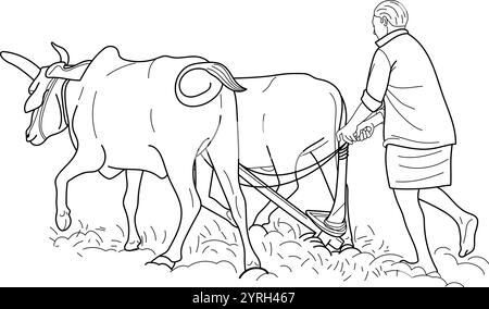 Indian farmer working in agriculture field with bulls and plough, hand drawn in thin line style Stock Vector