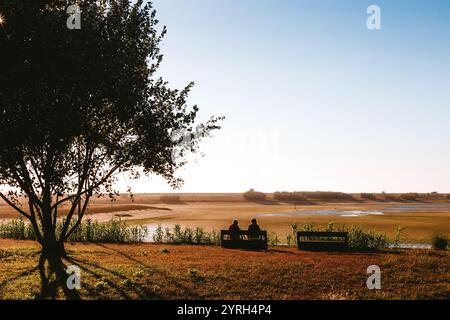 Two people are sitting on a bench under a tree at Estuário do Douro Local Nature Reserve, enjoying the tranquil sunset view over the douro river estua Stock Photo