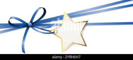 EPS 10 vector illustration of blue colored ribbon bow and gift band with shape of a golden star pendant for christmas greetings isolated on white back Stock Vector