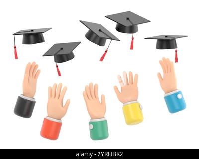 Cartoon Gesture Icon Mockup.Businessman hands throwing graduation hat in the air.3D rendering on white background. Stock Photo