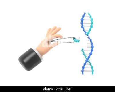 Cartoon Gesture Icon Mockup.Changing DNA concept. Manipulation DNA. Synthesis process. Doctor edits helix. Laboratory research.3D rendering on white b Stock Photo