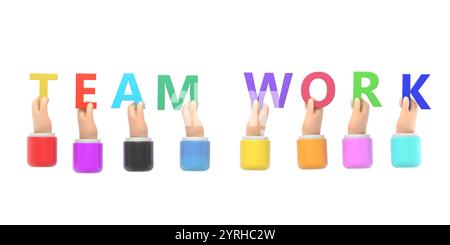 Cartoon Gesture Icon Mockup.Hands hold the letters with the word teamwork.3D illustration in hand drawn flat style.3D rendering on white background. Stock Photo