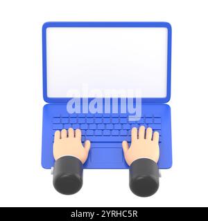 Cartoon Gesture Icon Mockup.Hands in work at laptop keyboard with blank monitor screen at table. Work place at home.3d illustration.3D rendering on wh Stock Photo