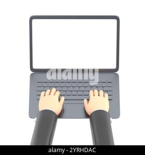 Cartoon Gesture Icon Mockup.Hands in work at laptop keyboard with blank monitor screen at table. Work place at home.3d illustration.3D rendering on wh Stock Photo