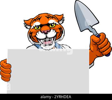 Bricklayer Tiger Trowel Tool Handyman Mascot Stock Vector