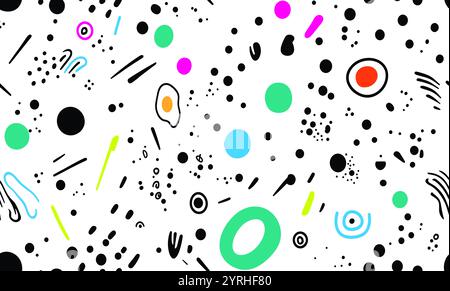 Abstract illustration featuring a variety of bold, colorful shapes and patterns on a white background Elements include circles, lines, and dots, creat Stock Photo