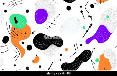 A colorful abstract illustration featuring dynamic geometric shapes and patterns The vibrant orange, purple, black, and green elements create an eye-c Stock Photo
