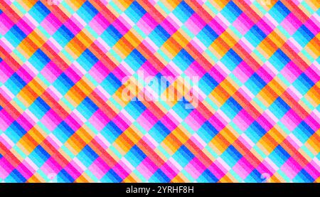 A vibrant geometric plaid pattern featuring a colorful array of intersecting lines This illustration showcases a dynamic mix of pink, blue, and orange Stock Photo