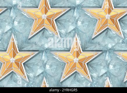 A vibrant 3D geometric star pattern featuring golden stars on a light blue textured background, creating a dynamic and striking wallpaper design Stock Photo