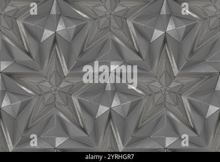 This wallpaper design features a 3D geometric pattern with intricate star shapes in varying grey tones The seamless design creates a modern, sophistic Stock Photo