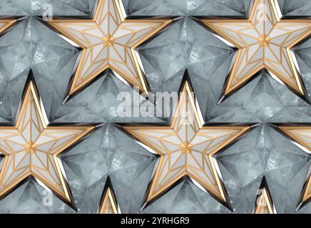 Intricate 3D geometric pattern featuring stars with elegant gold accents on a textured background Ideal for modern wallpaper design and thematic decor Stock Photo