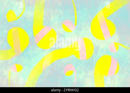 A vibrant abstract illustration featuring swirling yellow and pink shapes on a textured pastel blue background The design evokes a whimsical, lively a Stock Photo