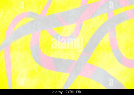 This abstract background features intertwining pastel pink and gray curved lines over a vibrant yellow backdrop Perfect for creative and modern design Stock Photo