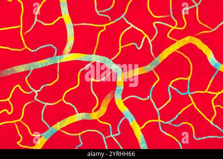 A vivid abstract illustration featuring intertwined yellow and blue lines on a bold red background This dynamic pattern evokes movement and creativity Stock Photo