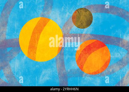 A vibrant abstract background featuring colorful circles on a textured blue surface The design combines bright yellows, oranges, and earthy tones, cre Stock Photo