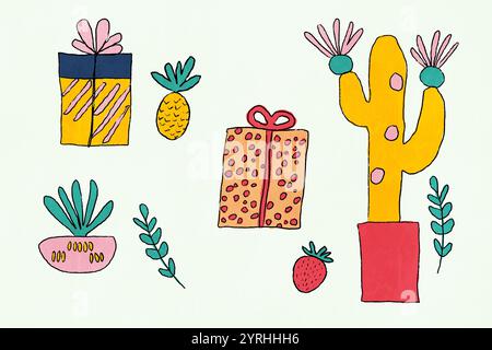 This vibrant illustration showcases a playful array of hand-drawn elements including gift boxes, a cactus, and various plants, set against a light bac Stock Photo