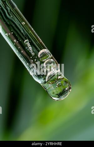 A clear cosmetic pipette with liquid and air bubbles on a vibrant green leaf background Ideal for themes related to beauty, skincare, and wellness Stock Photo
