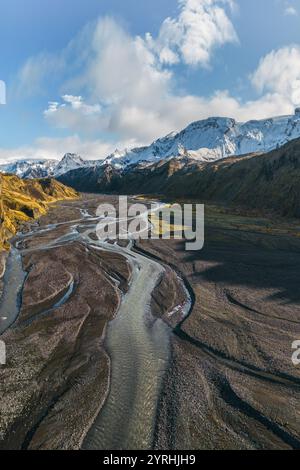 A stunning aerial view of Thorsmork Valley in Iceland, showcasing winding rivers and rugged terrain surrounded by majestic snow-capped mountains under Stock Photo