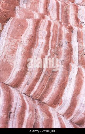 Intricate patterns and earthy tones define this close-up of natural sandstone, showcasing layers of pink and beige Ideal for backgrounds and design pr Stock Photo