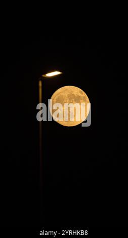 A glowing full moon perfectly aligned with a streetlight, casting a serene glow against the night sky The celestial beauty is enhanced by the contrast Stock Photo