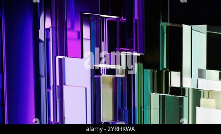A captivating 3D illustration featuring abstract glass cubes in vibrant hues of purple, green, and blue The geometric structures create a dynamic and Stock Photo