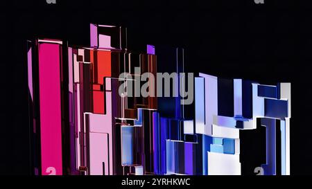 A visually striking composition of abstract 3D glass cubes in vibrant colors including pink, blue, and purple The cubes form a dynamic structure again Stock Photo