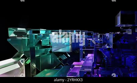 A vibrant 3D illustration featuring abstract glass cubes illuminated with neon hues of blue, green, and purple against a black background Modern and f Stock Photo
