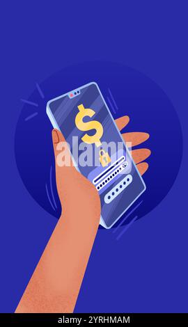 A vibrant illustration depicting a hand holding a smartphone showing a dollar sign and a lock, symbolizing secure mobile shopping Perfect for digital Stock Photo