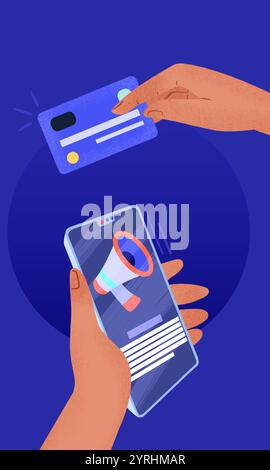 Illustration depicting a hand holding a smartphone with a digital shopping app and another hand holding a credit card, symbolizing online payments and Stock Photo