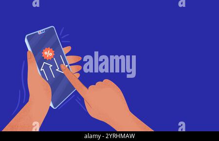 Illustration of hands holding a smartphone, showcasing an online shopping app with a discount symbol and arrows, symbolizing a seamless card transacti Stock Photo