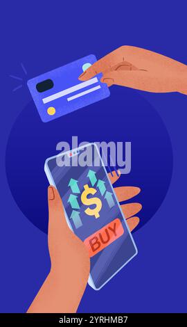 An illustration depicting a hand holding a smartphone with a displayed buy button, while another hand holds a credit card, symbolizing online shopping Stock Photo