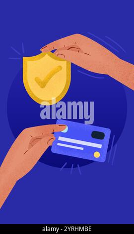 An illustration depicting a hand holding a card and another hand holding a shield with a check mark, symbolizing security in online shopping and digit Stock Photo