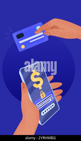 Digital illustration of a hand holding a credit card and another hand holding a smartphone, symbolizing secure online shopping and digital transaction Stock Photo