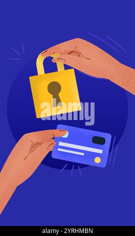 This illustration shows the concept of secure online shopping, featuring hands holding a credit card and a padlock, symbolizing financial security on Stock Photo