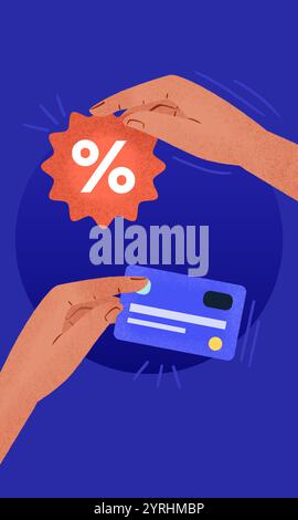 An illustration depicting hands holding a credit card and a discount symbol, emphasizing shopping and savings themes Perfect for marketing and financi Stock Photo