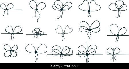 Set of tied gift ribbon bow. Simple black line bowknot on rope. Ink hand drawn festive elements for gift box decor, vector graphic Stock Vector