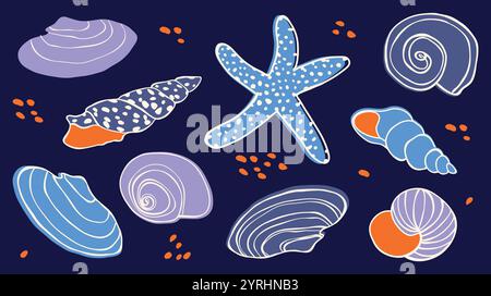 Set of sea shells and starfish. Vector elements on a dark background. Stock Vector