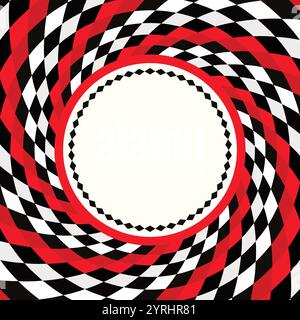 Speed racing checkered flag, spiral hypnotic swirl background, optical illusion movement, vector illustration opt art style, abstract geometric, psych Stock Vector