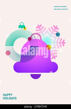 Colorful card, flyer, poster for New Year 2025. Christmas greetings. Modern minimalist style.Gradient colors. Snowflake,bell, ball.Vector illustration Stock Vector