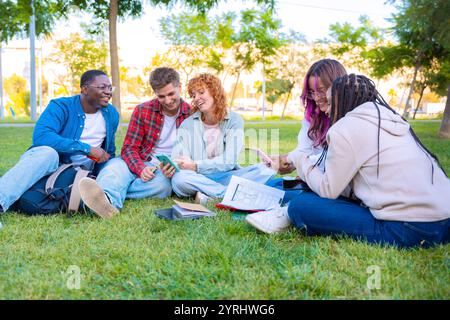 Group Young students using notebook together while sitting on grass outdoors Stock Photo