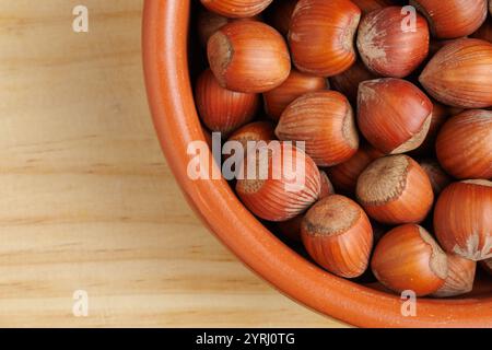 Group of hazelnuts with shell in a terracotta container on a kitchen board Stock Photo