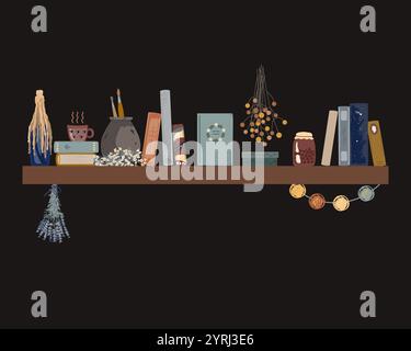 Fairy shelf with vintage books, dried flowers, jug with brushes, and candle in old bottle candle holder. Isolated design element for fairy and retro Stock Vector